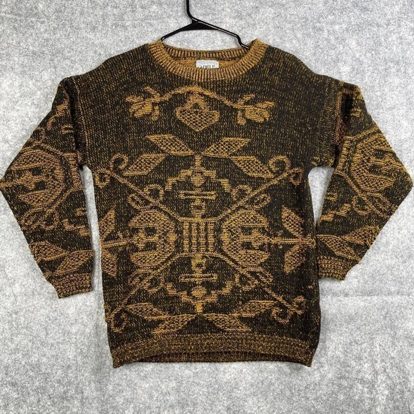 Vintage Adele Knitwear Women's Grandma Sweater Gold Abstract Print Acrylic See - Picture 1 of 7